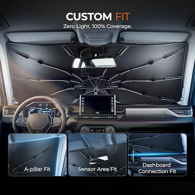 Windshield Sun Shade Umbrella for Tesla Model 3 & Model Y Accessories 2017-2026, UV Block Model Y Sunshade for Car Windshield, Heat Shield Model 3 Sunshade for Front Windshield Car Shade.
