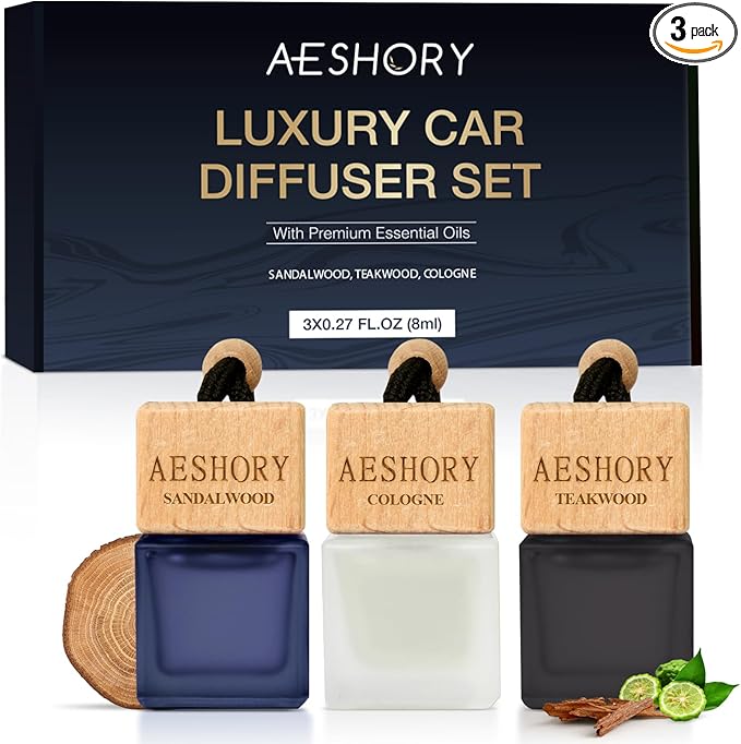 Aeshory Car Air Freshener Hanging 3 Pack – Wood Car Freshener - Sandalwood & Teakwood & Cologne Scents,Car Fresheners Long Lasting Up to 60 Days, Car Air Freshener Men,0.27 FL OZ/8ML