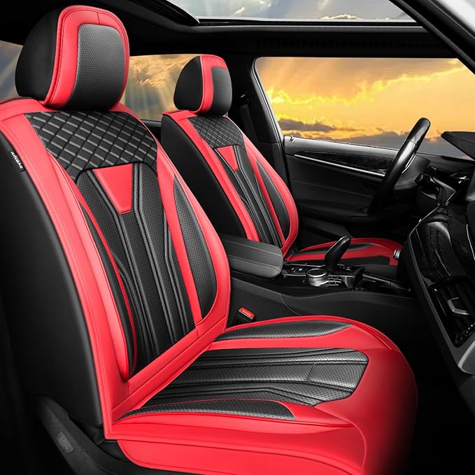 Fit Leaf Car Seat Covers Compatible with Nissan Leaf 2012-2025 2026 - Full Set Premium Leather， Waterproof Breathable， All-Weather Seat Cushion Protecto&Airbag Compatible （Red & Black