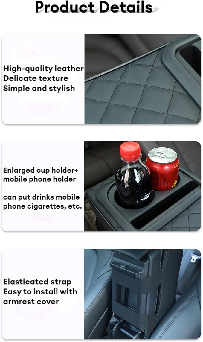 Center Console Booster Cover Car Armrest Box Pad Leather Arm Rest Cushion with Cup Holder Mobile Phone Storage Armrest Protection Pad for Car (Grid Beige, 13.58 * 8.07 * 2.95 inch)