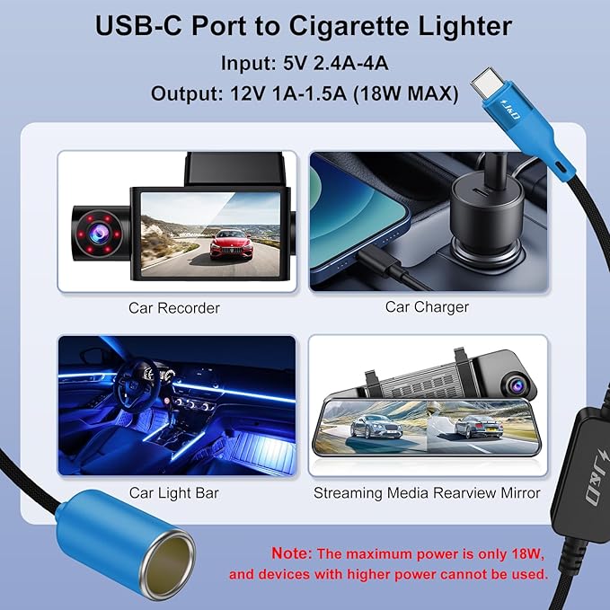 J&D USB C Male to 12V Car Cigarette Lighter Socket Female Converter Cable, 12V 18W Power Cable for Dash Cam, GPS, Car LED Light Strips, Blue, 3 ft