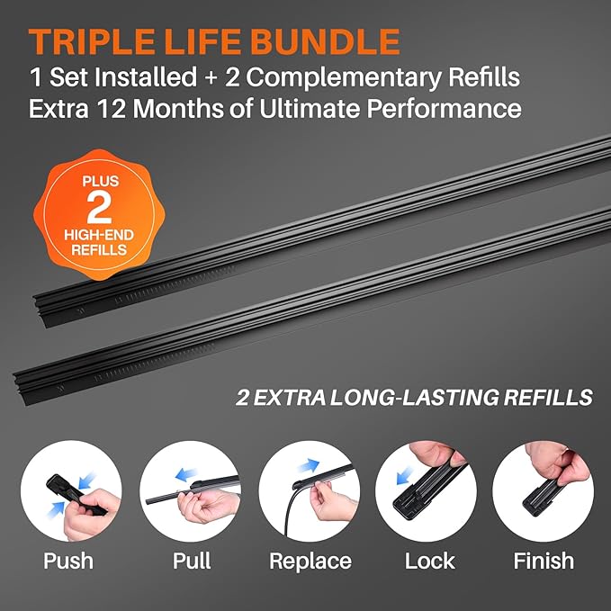 DOG TAIL Water Repellent Silicone Wiper Blades 24" 18" Set with Multiple Adapters and 2 Refills, Automotive Replacement Front Windshield Wiper Blades for My Car with Water Repellency Formula DropClear