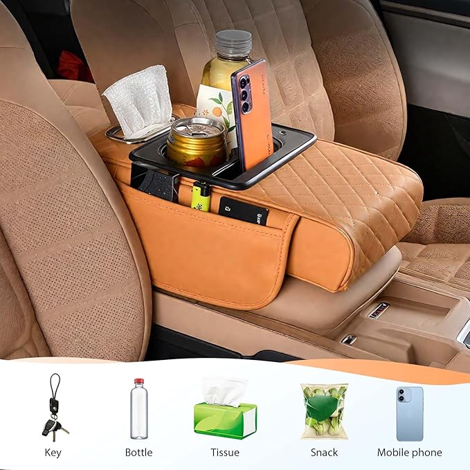 Multifunctional Car Armrest Cushion with Integrated Booster, 2026 Upgraded Universal Style Memory Cotton Car Armrest Box Pad, Car Center Console Armrest Pillow, with 2 Cup Holder (Orange)