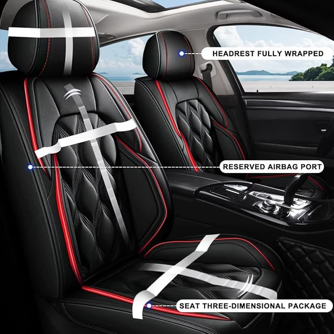 AOMSAZTO Front Seat Covers Fit for Hyundai Santa Cruz 2022-2026 Waterproof Faux Leather Car Seat Cover Compatible with Airbag(2PCS Front, Black&Redline)