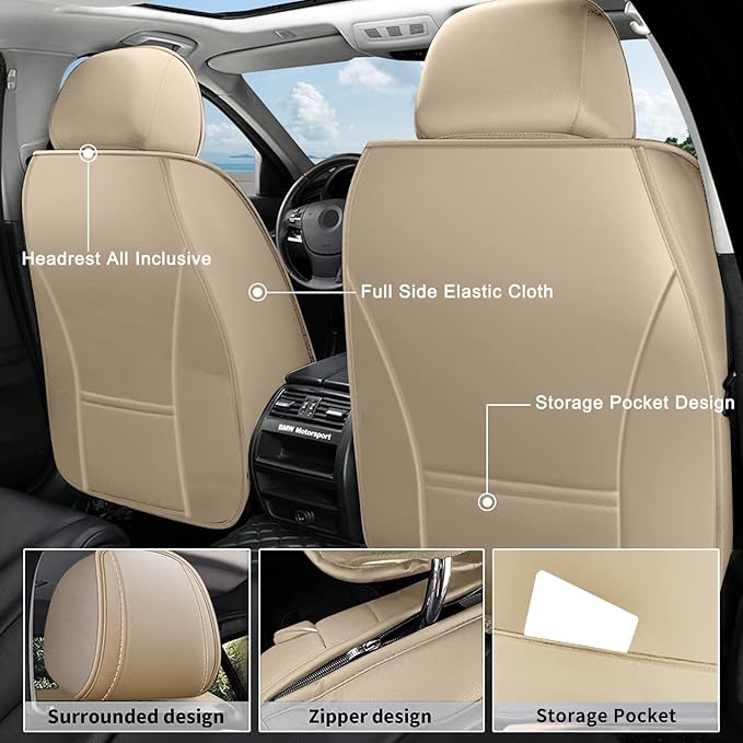 AOMSAZTO Car Seat Cover Full Set 5 Seats Fit for Nissan Rogue 2010-2025 2026 Leather Car Seat Cushion Protector Compatible Airbag Waterproof Automotive Seat Covers Beige