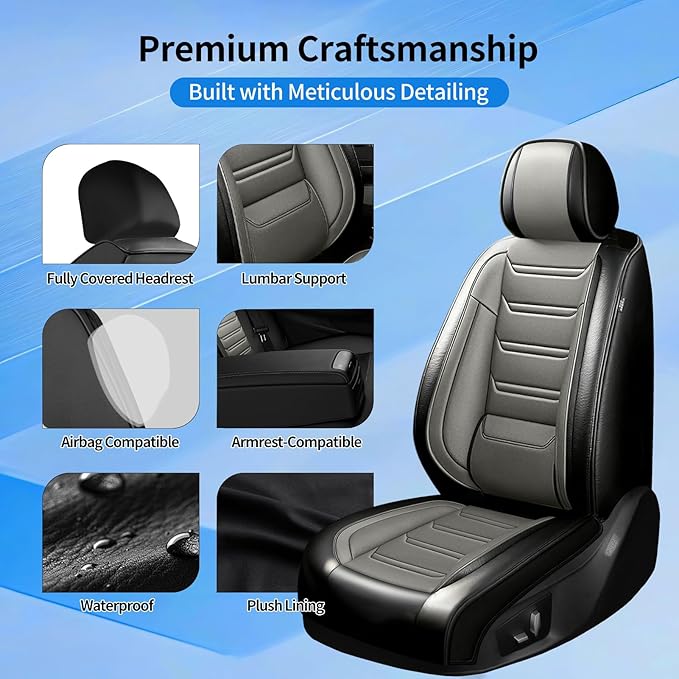 Fit Impala Car Seat Covers for Chevrolet/Chevy Impala 2000-2020, Premium Full Coverage Leather, Airbag Compatible, Waterproof All Weather Breathable Seat Protector, Full Set, Black+Gray