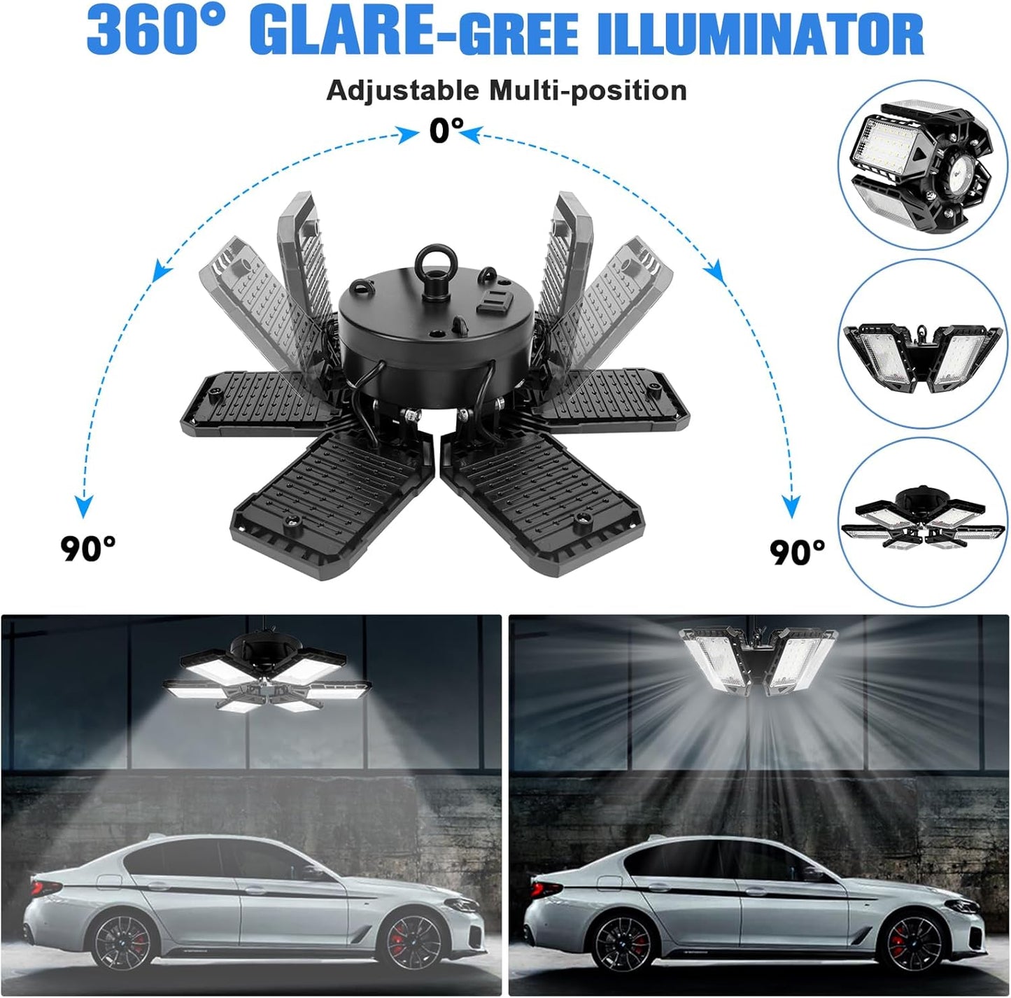 LED Garage Lights 4 Pack -180W, 18000LM 6500K Led Shop Light with 6+1 Deformable Panels, Basement Barn Light Garage Ceiling Lights, E26/E27 for Garage, Warehouse, Shop, Basement