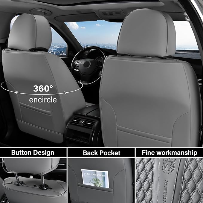 Coverado Car Seat Covers Full Set, Nappa Leather Seat Covers for Car, Waterproof Car Seat Protector with Lumbar Support, Automotive Seat Covers Universal Fit for Most Cars SUV Trucks (Gray)