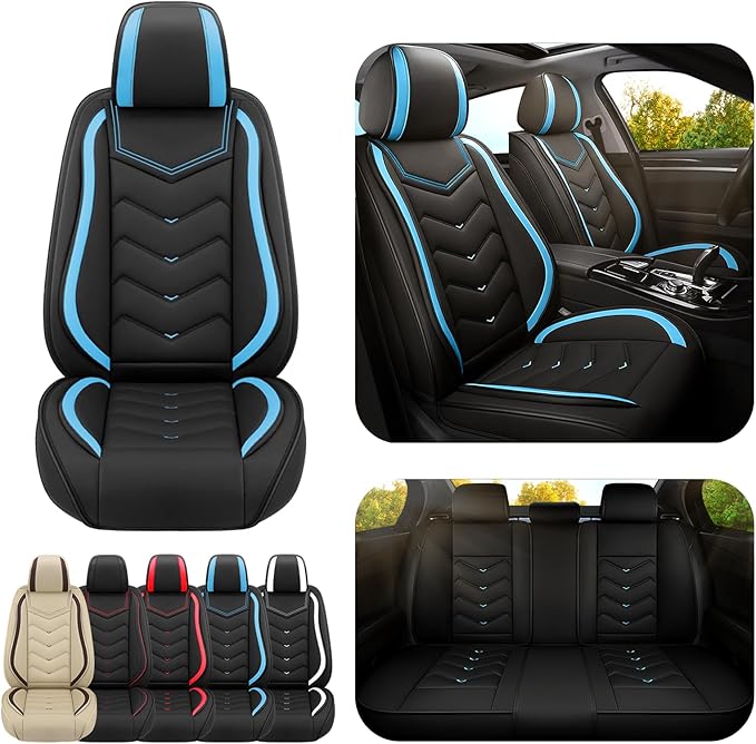 Car Seat Covers for Fiat 500 2012-2019, Premium Nappa Leather Car Seat Cover, Stylish Sport Seat Covers， Automobile Seat Cover Sets.(Standard 5 Seats/Black Blue)