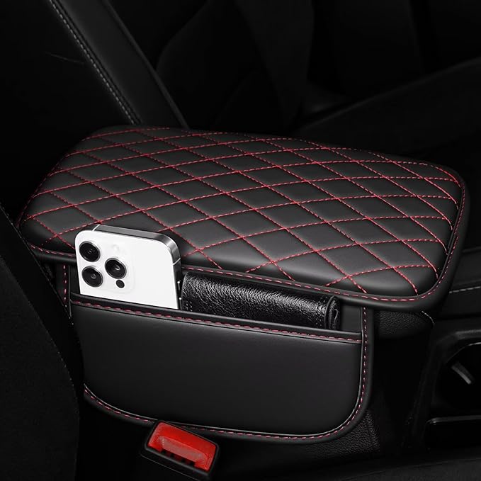 Upgraded Car Center Console Cover Fit for Venza Faux Leather Car Armrest Cover Cushion with 2 Storage Bags,Car Armrest Storage Box Interior Accessories(Black&Redline)