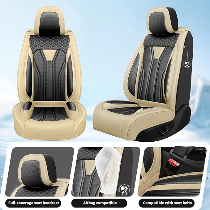 Fit Prius Car Seat Covers for Toyota Prius 2001-2025 2026 -Premium Leather, Waterproof Stain-Resistant, Breathable，All-Weather Seat Cushion Protecto & Airbag Compatible, 2 Front Seat Beige