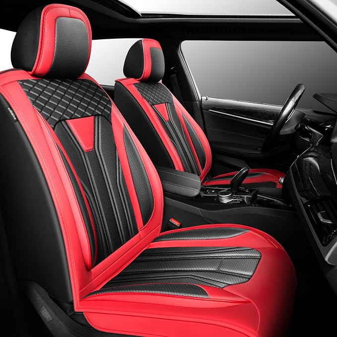 Fit Kona Car Seat Covers for Select Hyundai Kona 2018-2025 2026. Premium Leather, Waterproof， Breathable, Scratch-Resistant & All-Weather Seat Cushion Protector (Front Pair, Red&Black)
