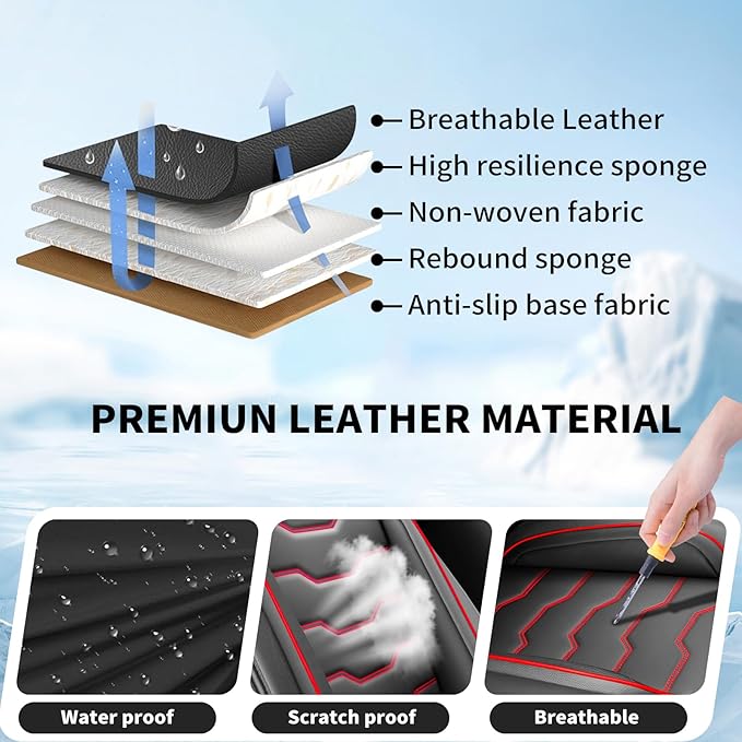 Fit Sentra Car Seat Covers Compatible with Nissan Sentra 2001-2025 2026 - Full Set Premium Leather， Waterproof Breathable， All-Weather Seat Cushion Protecto&Airbag Compatible（Red Line Black