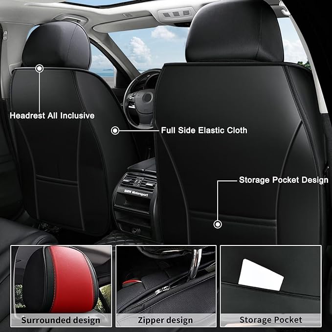 AOMSAZTO Car Seat Covers Fit for Ford Focus 2009-2018 Front Set Leather Automotive Cushion Cover Seat Protector Airbag Compatible Waterproof (2Seats,Black&Red)