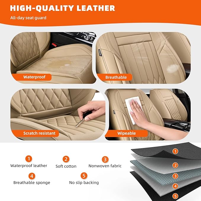 KEYOOG Universal 5-Seater Waterproof Breathable Nappa Leather Car Seat Covers Full Set, Fit for Front Rear Seats, Compatible with Hy-undai Sonata, To-yota Camry, Fo-rd F-150, Fit Most Sedans SUV Beige