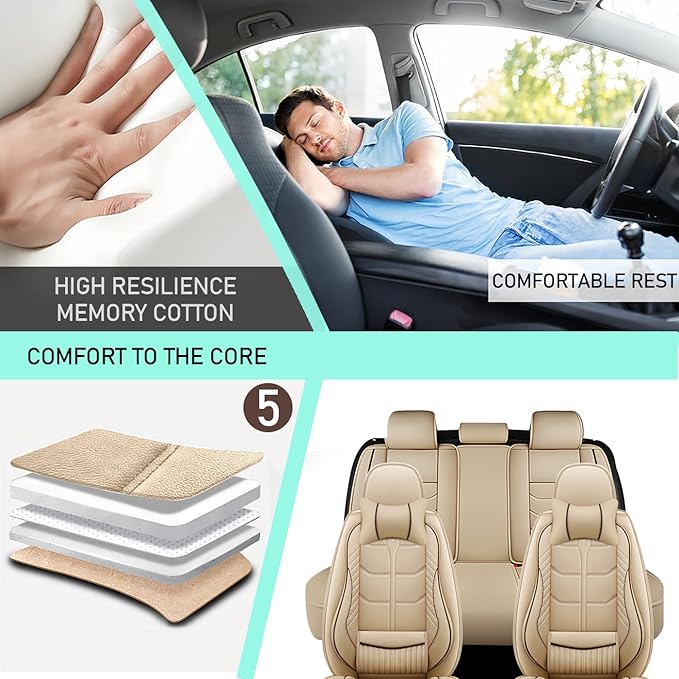 Leather Car Seat Covers Fit for Toyota Sequoia 2001-2024, 5 Seater Car Seat Cover, Premium Waterproof, Scratch Resistant Car Interior Accessories (Full Set with Pillow Beige)