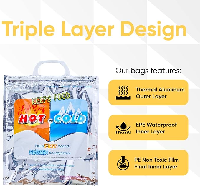 Superio Hot and Cold Insulated Bags for Food Delivery, Grocery Shopping Bags, Food Storage for Hot and Frozen Food for Travel, Disposable Cooler Bag, Reinforced Thermal Lunch Bag (1, 16"x19.25")