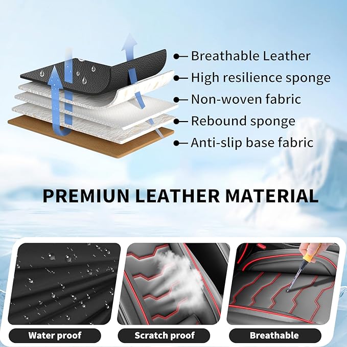 Fit Kona Car Seat Covers for Select Hyundai Kona 2018-2025 2026. Premium Leather, Waterproof， Breathable, Scratch-Resistant & All-Weather Seat Cushion Protector (Front Pair,Red Line Black)