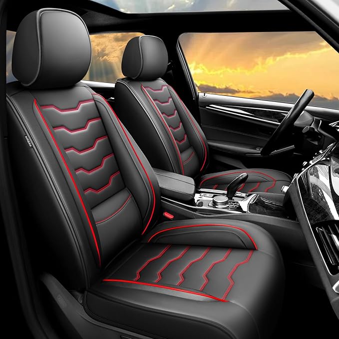 Fit Murano Car Seat Covers Compatible with Nissan Murano 2004-2025 2026 - Full Set Premium Leather， Waterproof Breathable， All-Weather Seat Cushion Protecto&Airbag Compatible（Red Line Black