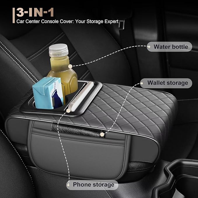 Center Console Cover Fit for Avalon Faux Leather Car Armrest Cushion with Storage Bags, Cup Holder ＆ Phone Storage Multifunctional Middle Console Cover(Grey)