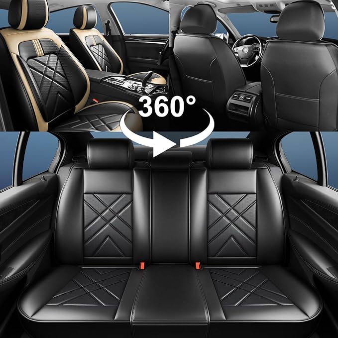 CX-90 Car Seat Covers Custom Fit for Mazda CX-90 2007-2026, Full Coverage Premium Leather Waterproof Breathable Seat Covers, Automotive Seat Protectors, Airbag Compatible(5 Seats, Black Beige)