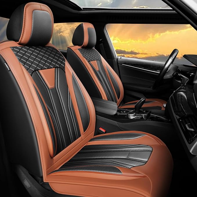 Fit Frontier Car Seat Covers Compatible with Nissan Frontier 2010-2025 2026 - Full Set Premium Leather， Waterproof Breathable， All-Weather Seat Cushion Protecto&Airbag Compatible（Brown & Black