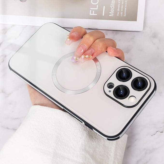 Guppy Compatible with iPhone 15 Pro Max Case Magnetic, with Full Camera Lens Protector [Compatible with MagSafe] Scratch Resistant Gradient Glass Back Cover Phone Case-White