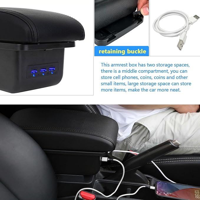 AULPHIKE Compatible with Nissan Note Armrest 2016-2018 Car Center Console Organizer Armrests Double Layer Storage with 3 USB（Black）