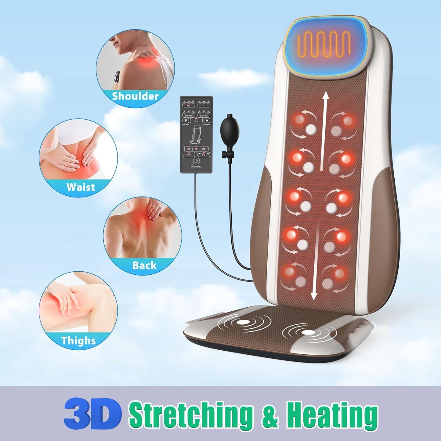 Shiatsu Back Massager with Heat, Massage Chair Pad Seat Cushion for Stress Relief, Deep Tissue Kneading & Roller, 2 Vibration Motors, Back Waist Hip Massager, PU Leather, with 2 Adapters