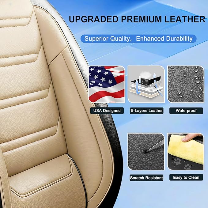 Fit Civic Car Seat Covers for Honda Civic 2020-2026 Sedan(Not for Coupe) - Premium Full Coverage Leather, Waterproof All Weather Breathable Seat Cushion Protector, Front Pair Black+Beige