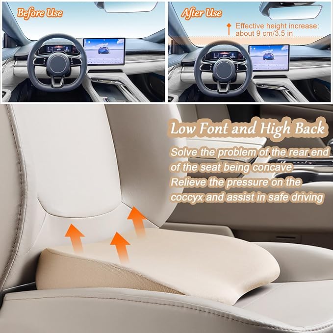 2 in 1 Wedge Car Cushions or Lumbar Support for Driving - 3.5 Inches Soft Memory Foam Driver Seat Cushion for Car Truck - Comfort Coccyx Cushion for Tailbone & Back Pain Relief, Beige
