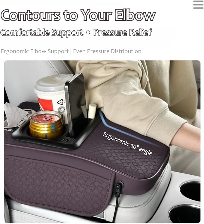2026 Enhanced Car Center Console Armrest Cushion with USB& Type-C Charging, PU Leather Console Pad with Cup Holders, Storage& Tissue Outlet for Most Vehicles (Flat Version, Orange)