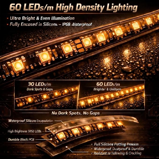 12V Marine Boat LED Light Strip Super Bright, 2 Pack 2FT IP68 Fully Waterproof RV Front Cap Lights, Golf Cart Underglow Roof Lights Strip for Truck ATV UTV SUV Car Pickup Trailer, Cuttable, Amber