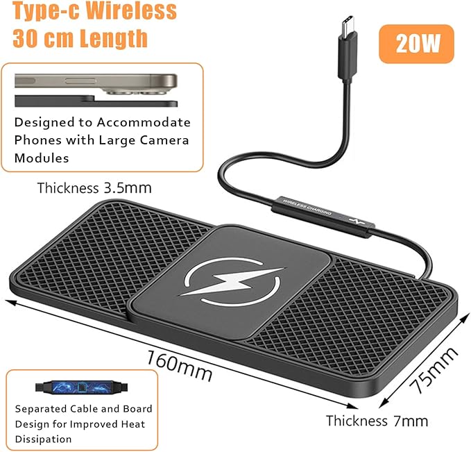 Wireless Car Phone Charger for Toyota Echo Platz Yaris Tacoma Tundra Hilux, Type C/USB 20W Fast Charging Pad, Non-Slip Charging Station for Travel Home Office Desk, Lightweight,Type-C