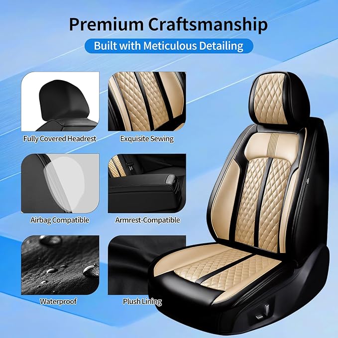 Car Seat Covers for Select Honda Fit 2007-2020, Premium Full Coverage Leather, Airbag Compatible& Scratch-Resistant, Waterproof & All Weather Breathable Seat Protector, Full Set, Black+Beige
