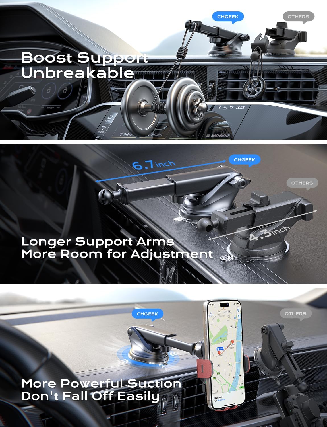 CHGeek Wireless Car Charger, 15W Fast Charging Auto Clamping Car Charger Phone Mount Phone Holder fit for iPhone 15 14 13 12 11 Pro Max Xs, Samsung Galaxy S25 Ultra S24 S23 S22, S21, S20, Red