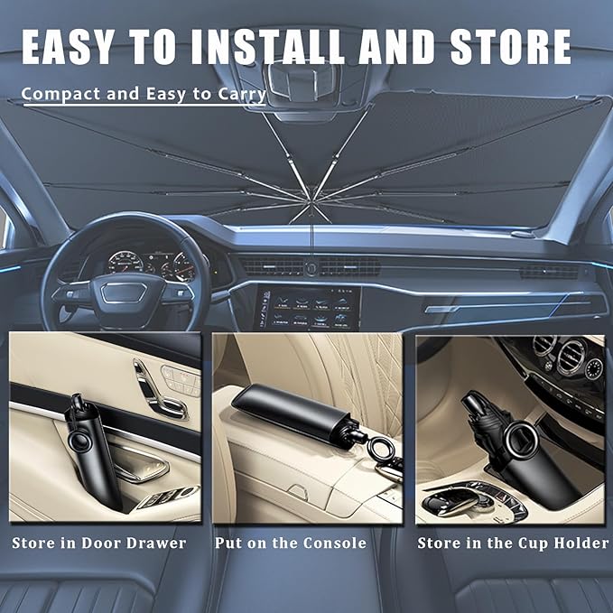 JDDRY Front Windshield Sun Shade with Pull Cord, Umbrella Sun Shade for Windshield, 2024 Car Umbrella Front Sun Shades Cover for Pickup/Large SUV/Truck/Minivan (150x82cm)
