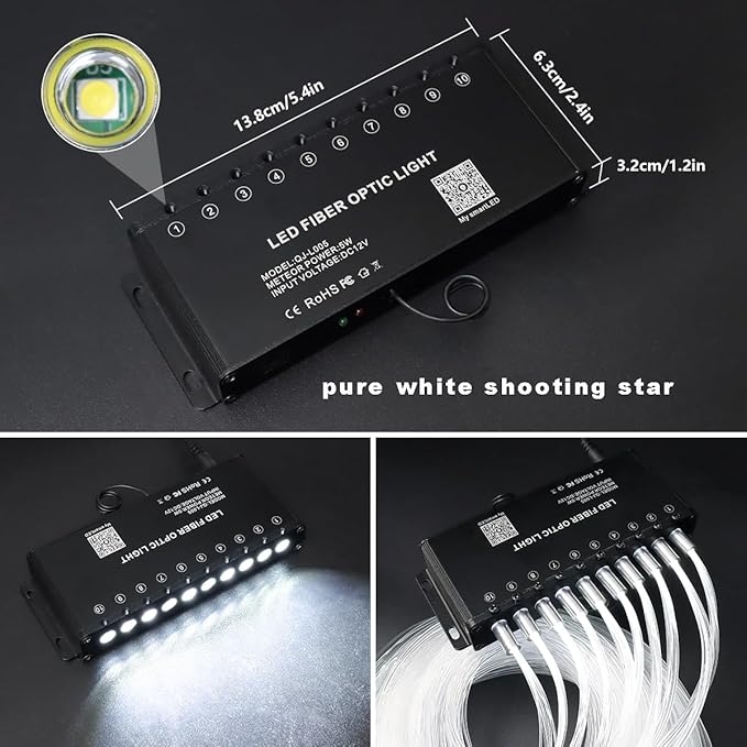 AMKI 100pcs*0.04in*16.4ft Pure White Shooting Stars Effect Fiber Optic Lights Kit,10Holes LED 5W Meteor Light Engine with Bluetooth+RF Remote Control 20 Meteor Modes