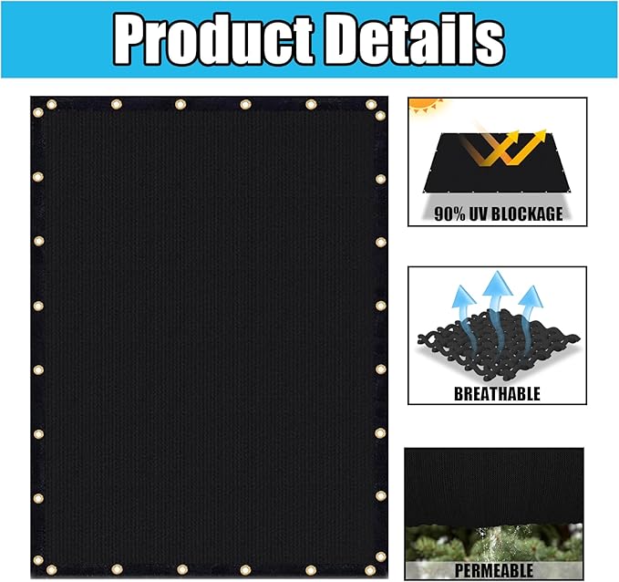 Amagenix 90% Shade Fabric 6'X 11' Black Sun Shade Cloth with Grommets for Pergola Replacement Shade Cover Canopy, Heavy Duty, Cable Zip Ties Included (We Customized)