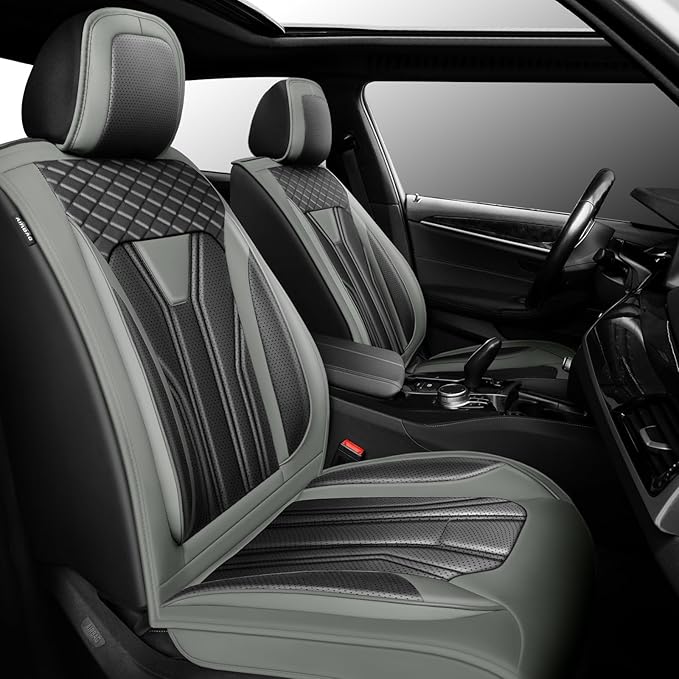 Fit Versa Car Seat Covers Compatible with Nissan Versa 2008-2025 2026 - Premium Leather， Waterproof Breathable， All-Weather Seat Cushion Protecto&Airbag Compatible (2 Front Seat Gray&Black)