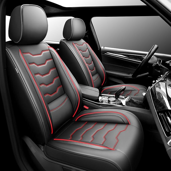 Fit Prius Car Seat Covers for Toyota Prius 2001-2025 2026 -Premium Leather, Waterproof，Breathable，All-Weather Seat Cushion Protecto & Airbag Compatible, 2 Front Seat Red Line Black