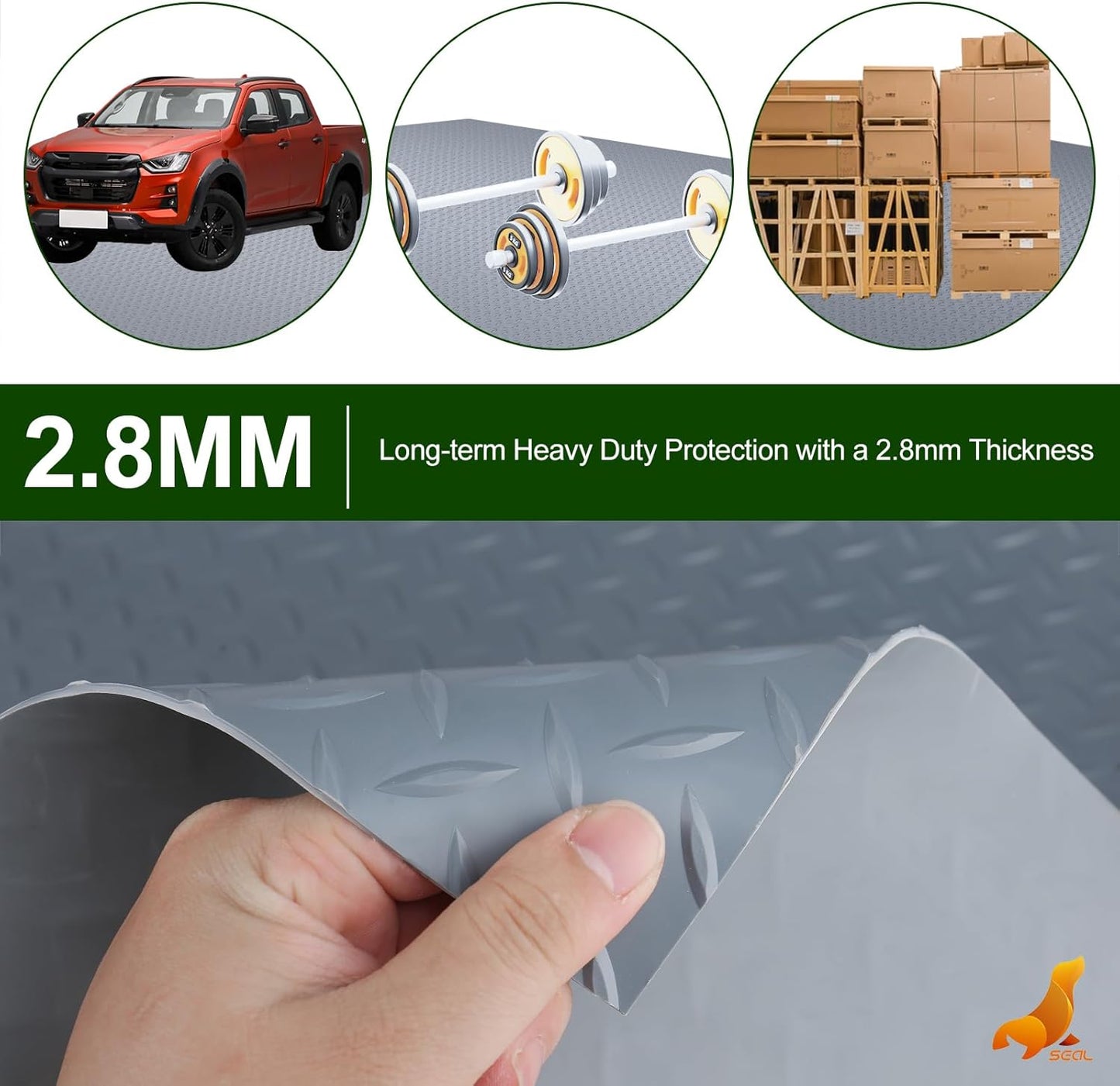 SEAL 6 x 10 Ft Premium Garage Floor Mat, Solid 2.8mm Thick Gray Commercial Grade Heavy Duty Parking Mat for Garage Floor, Golf Cart Parking, Water/Stain Resistant Floor Runner (Embossed Diamond Plate)