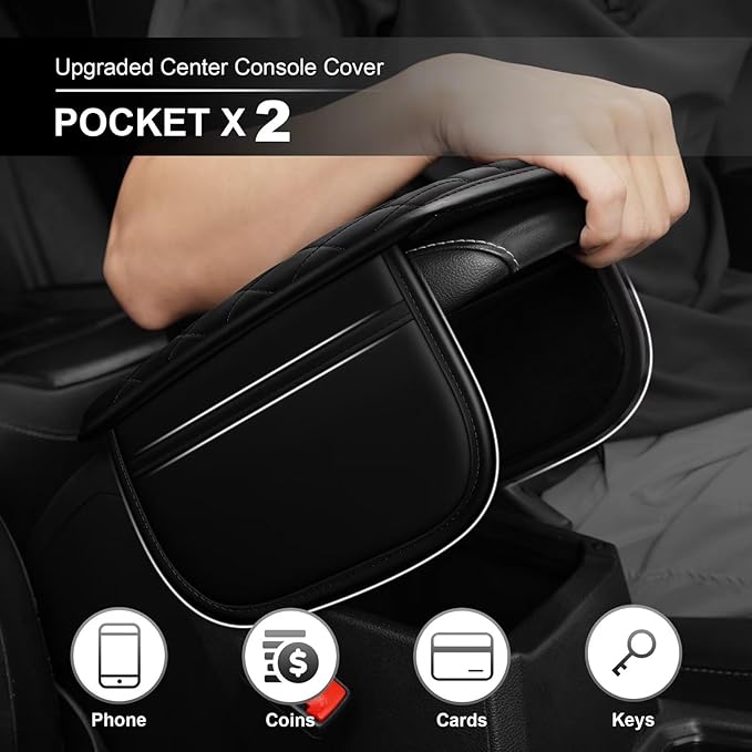 Upgraded Car Center Console Cover Fit for bZ4X Faux Leather Car Armrest Cover Cushion with 2 Storage Bags,Car Armrest Storage Box Interior Accessories(Black)