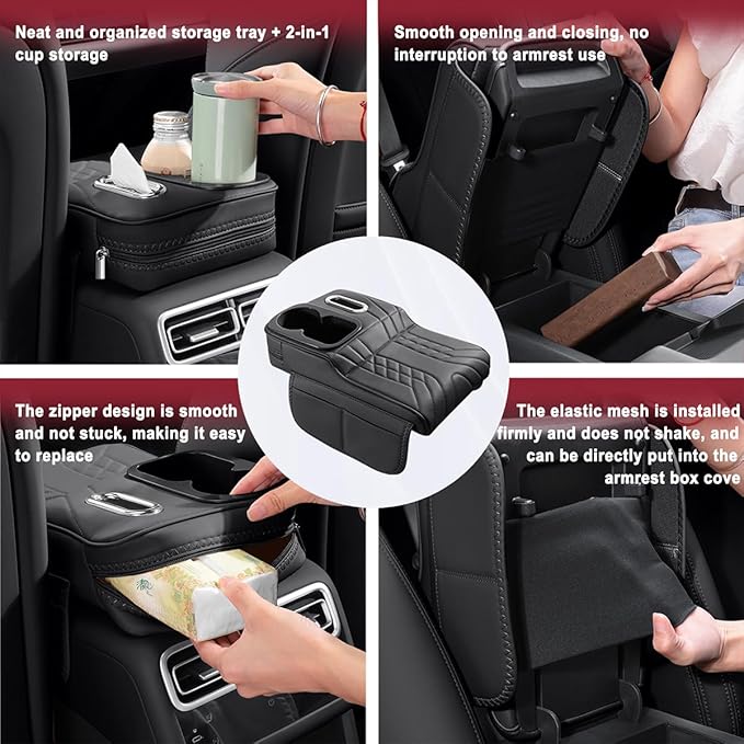 Car Armrest Storage Box for Cadillac XT4 2018–2025 2020 2021 2022 2023 2024, Sport-Style Center Console Organizer with Side Pocket, PU Leather Armrest Cushion, Elbow Support Pad,D Beige
