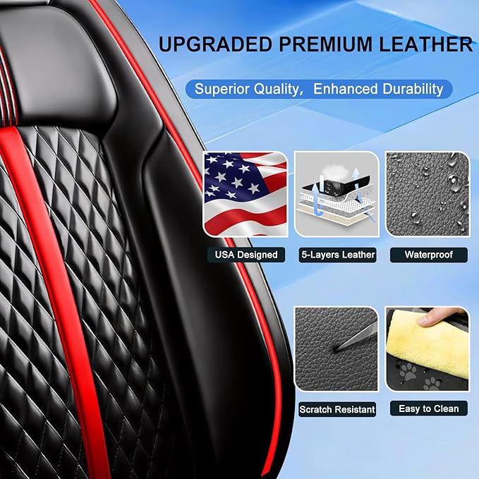Fit Insight Car Seat Covers for Select Honda Insight 2010-2022, Premium Full Coverage Leather, Airbag Compatible & Scratch-Resistant, Waterproof All Weather Seat Protector, Full Set, Red Trim