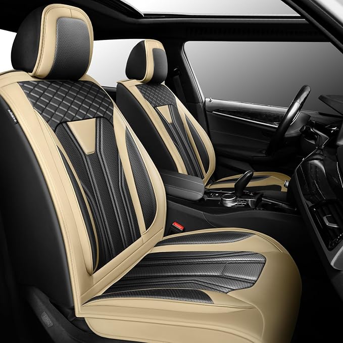 Fit Sentra Car Seat Covers Compatible with Nissan Sentra 2001-2025 2026 - Premium Leather， Waterproof Breathable， All-Weather Seat Cushion Protecto&Airbag Compatible (2 Front Seat Beige&Black)