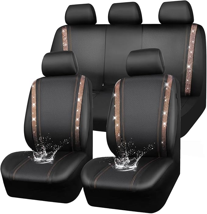 CAR PASS Bling Diamond Car Seat Covers Full Sets, Shining Rhinestone Waterproof Faux Leather, with Zipper, Universal Fit Automotive Glitter Crystal Sparkle Strips Cute Women Girl, Champagne Gold