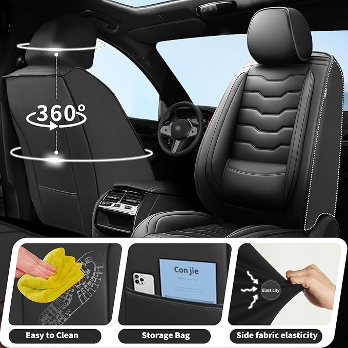 Fit Frontier Car Seat Covers Compatible with Nissan Frontier 2010-2025 2026 -Full Set Premium Leather， Waterproof Breathable， All-Weather Seat Cushion Protecto&Airbag Compatible（Full Set,Black