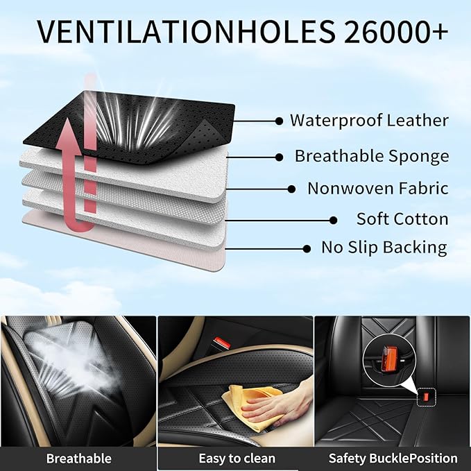 Car Seat Covers Fit for Mazda 3 2007-2026, Premium Leather, Full Coverage Leather Waterproof Breathable Seat Covers, Automotive Seat Protectors, Airbag Compatible(2 Front Seats, Black Beige)