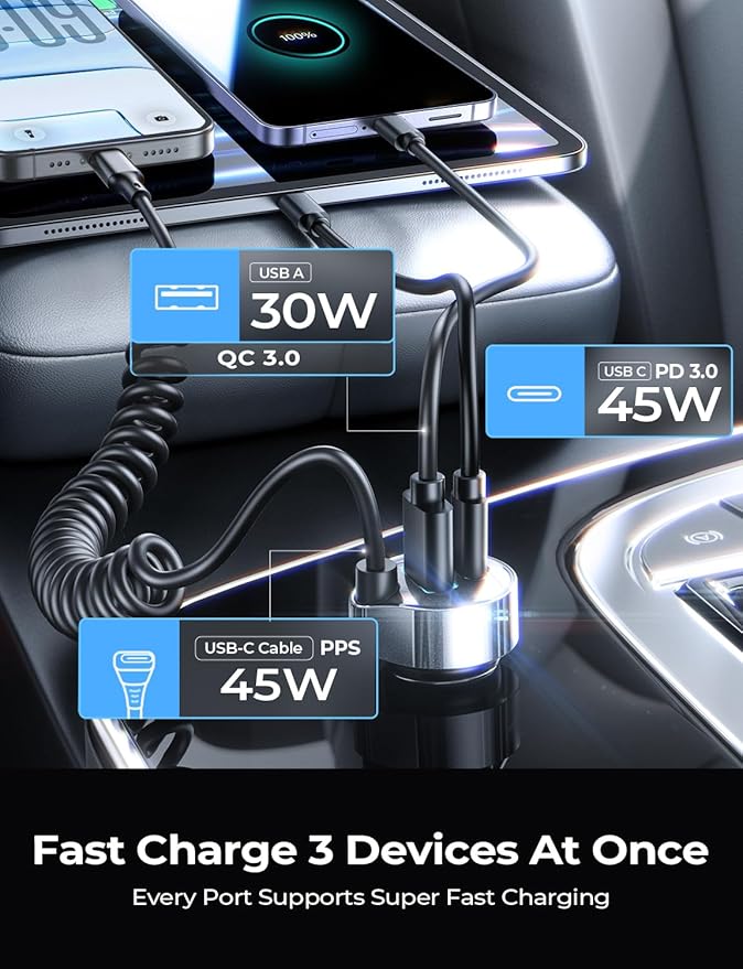 LISEN 90W for iPhone 17 16 15 Pro Max Car Charger USB C Fast Charge,Super Fast for iPhone 17 16 Car Charger USB C Adapter for iPhone 17e 16 15 Pro Max Plus Air,Samsung Galaxy S26 Ultra, Android,72inch